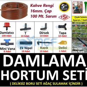 Kahverengi 100Mt  Mgf 16mm Deliksiz Ağaç Damla Sulama Sistemi Hortumu Borusu ve Ek Parçaları Seti