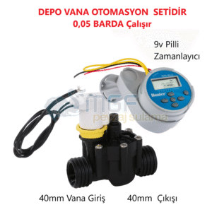 Pilli Depo Açma Otomasyonu 40mm (1 1/2'') 0,05 Bar Selenoid Vana + Hunter NODE 9V Zaman Saati
