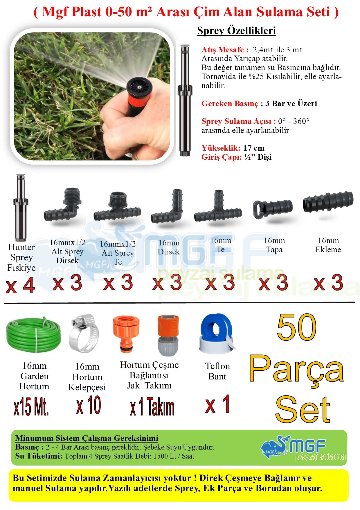 Ekonomik Hunter-Rainbird 50 Parça Bahçe Çim Sulama Sprey Fiskiye Hazır Seti (0-50mt2 Arası) - Görsel 3